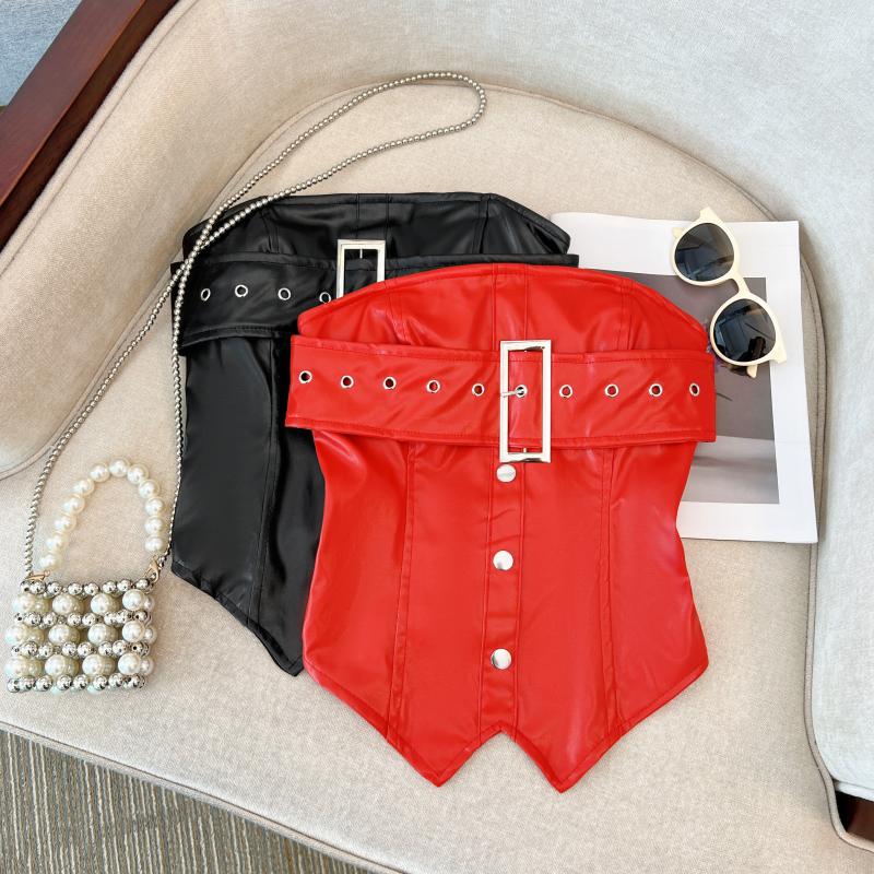 ****~Real shots of hot girls in sexy strapless PU leather tube tops for women