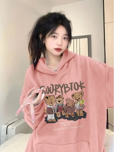 Official picture autumn cartoon bear print sweatshirt for women pink contrasting hooded casual niche high-end trendy tops