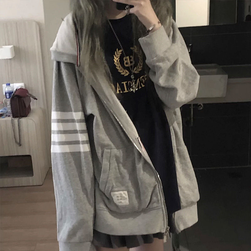 6535 Fish Scale Autumn Four Stripes Loose Gray Jacket Hooded Student Casual Sweater Student Women