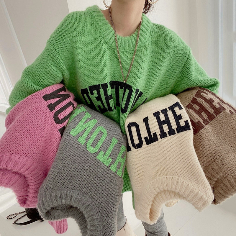 Korean chic candy-colored round neck letter printed pullover loose skin-friendly long-sleeved thickened knitted sweater for women