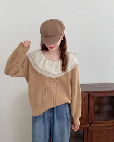 Korean style modern splicing lotus khaki sweater for women in spring and autumn retro lazy style pullover long-sleeved sweater