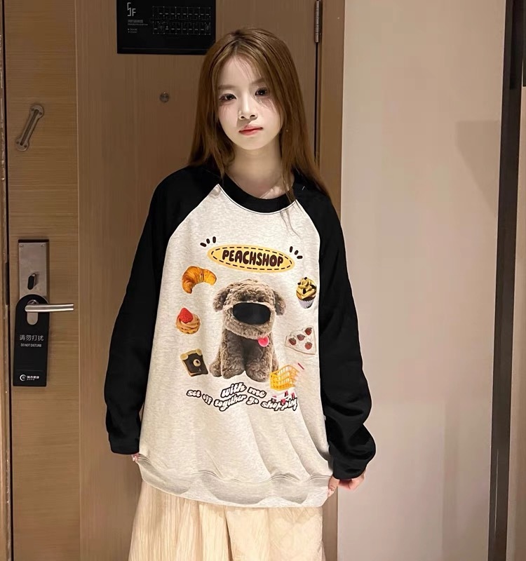 Heavyweight pure cotton American style stitching contrasting color round neck sweatshirt for women 2023 autumn and winter new loose mid-length trendy brand top