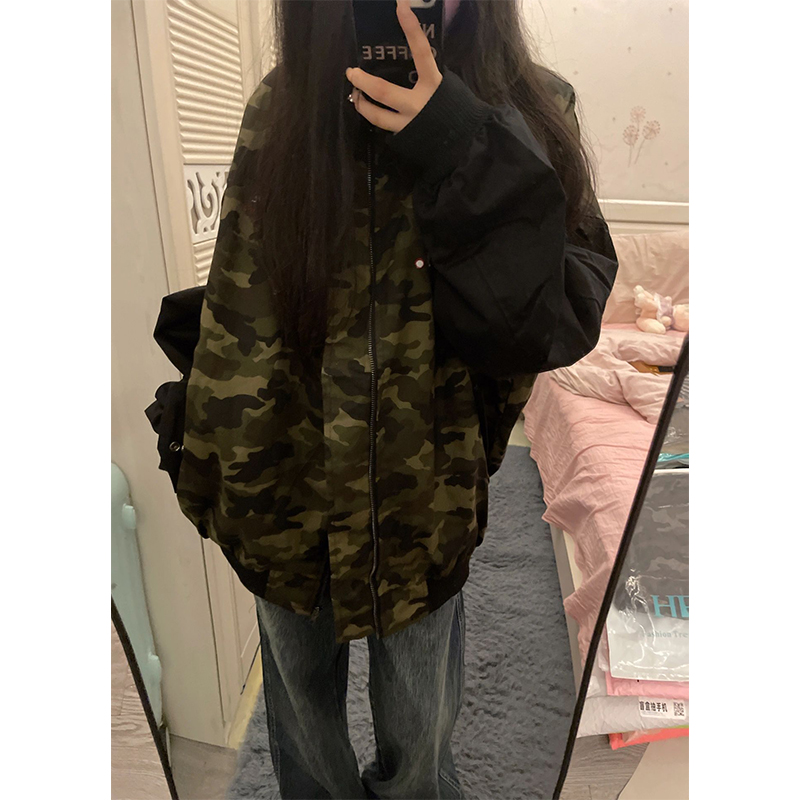 Pure cotton twill American retro street camouflage baseball uniform autumn spliced ​​jacket for women