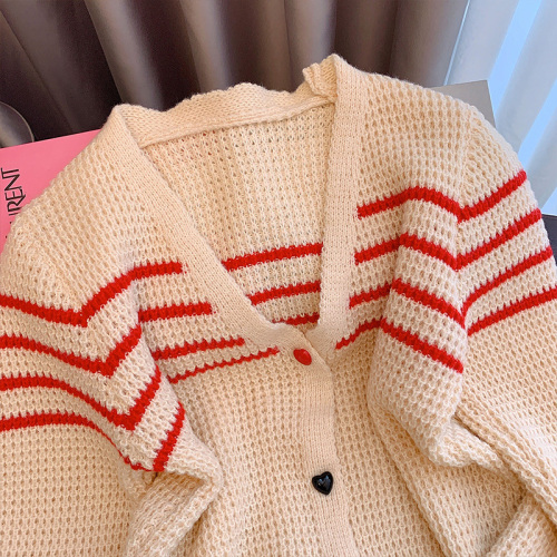 Autumn V-neck striped knitted cardigan for women, apricot waffle color-blocking short love button high-end fashionable top