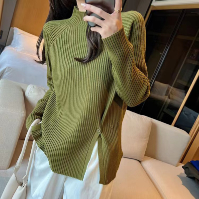 Thickened large version design slit sweater women's autumn and winter high-neck sweater Korean style long-sleeved inner layering shirt