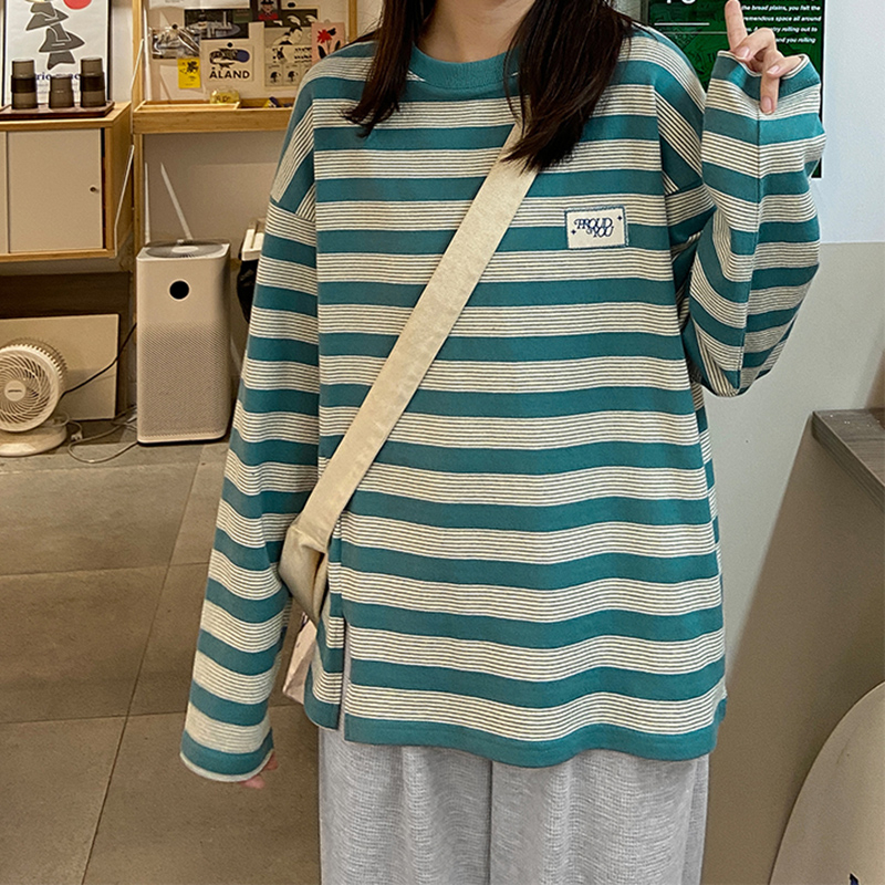 實拍-後包領240克純棉條紋衛衣長袖T恤打底衫女春秋上衣