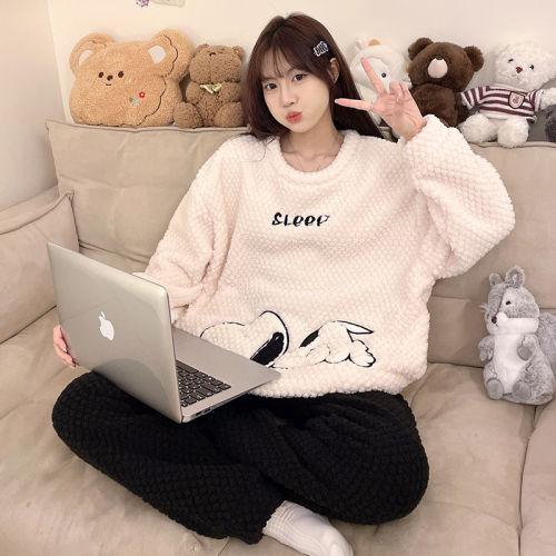 Real shot of new plush rose velvet pajamas for women winter round neck pullover suit home clothes thickened cartoon girl