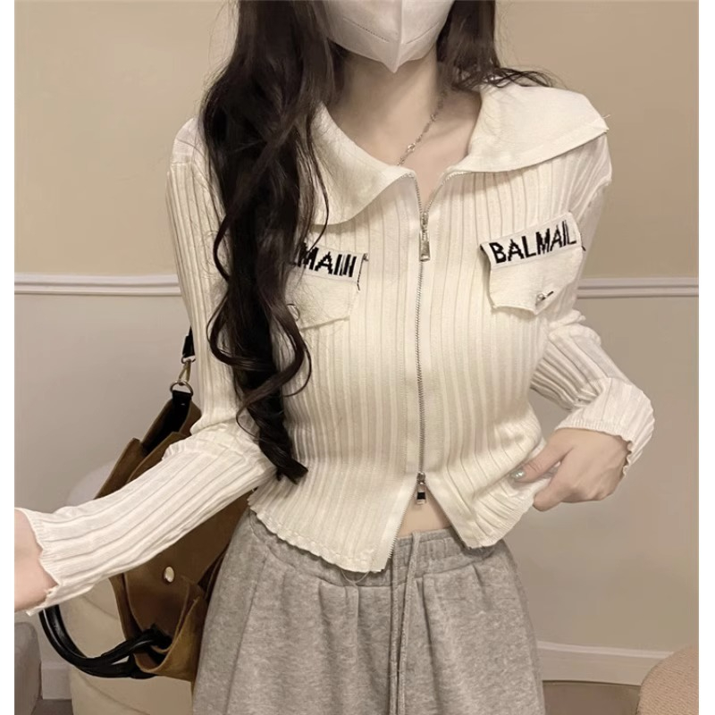 雙拉鏈翻領長袖針織開衫女春秋款辣妹修身顯瘦短款內搭打底衫上衣
