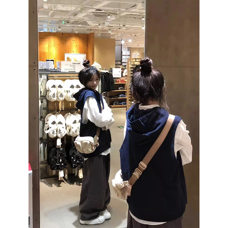 官圖華棉複合牛奶絲美式復古連帽馬甲衛衣女春秋寬鬆外套