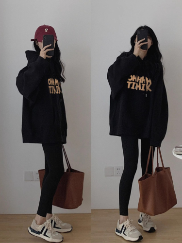 Official picture hooded off-shoulder sweatshirt for women spring and autumn plus velvet American retro black jacket super nice winter top