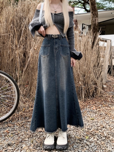 Actual shot#Mid-length raw edge denim skirt for women, designer A-line hip fishtail skirt