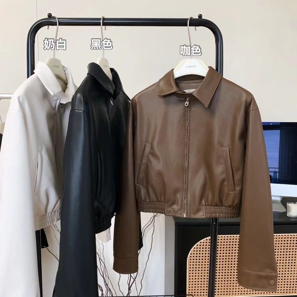 Early autumn new style leather jacket for women, handsome Korean style stand-up collar, loose slimming casual short motorcycle jacket