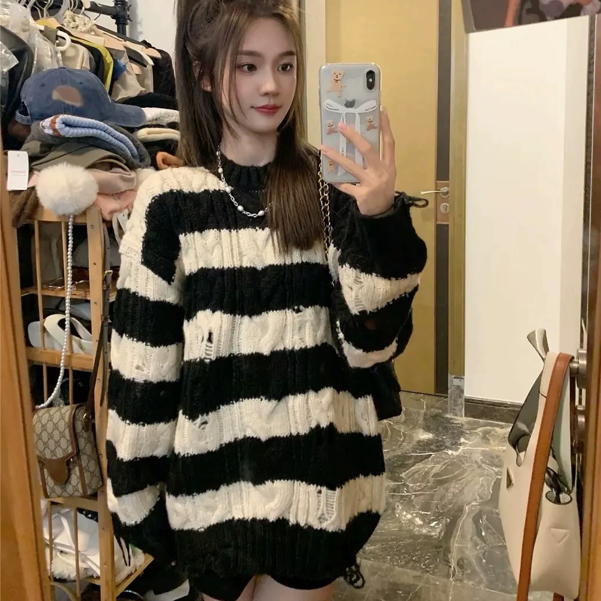 Autumn plus size women's ripped twist pullover mid-length striped sweater sweater top coat good quality