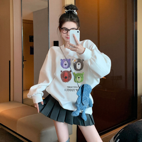 Official picture of white printed pullover sweatshirt for women in spring and autumn, stylish, age-reducing, high-end, chic, super good-looking and versatile top