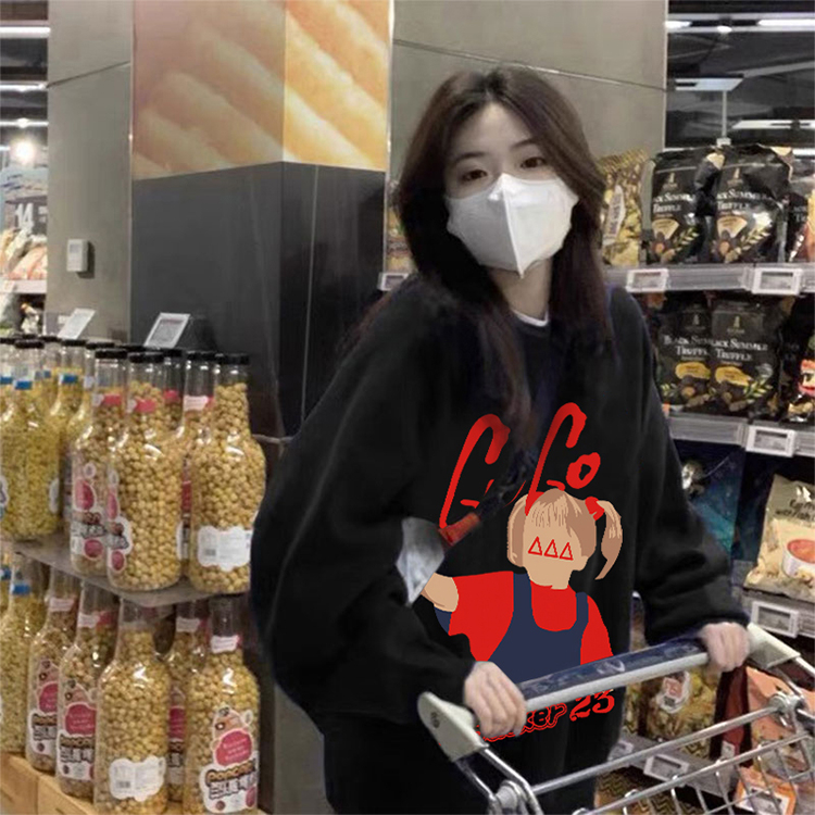 2023早秋新款韓版寬鬆圓領趣味卡通印花長袖衛衣女
