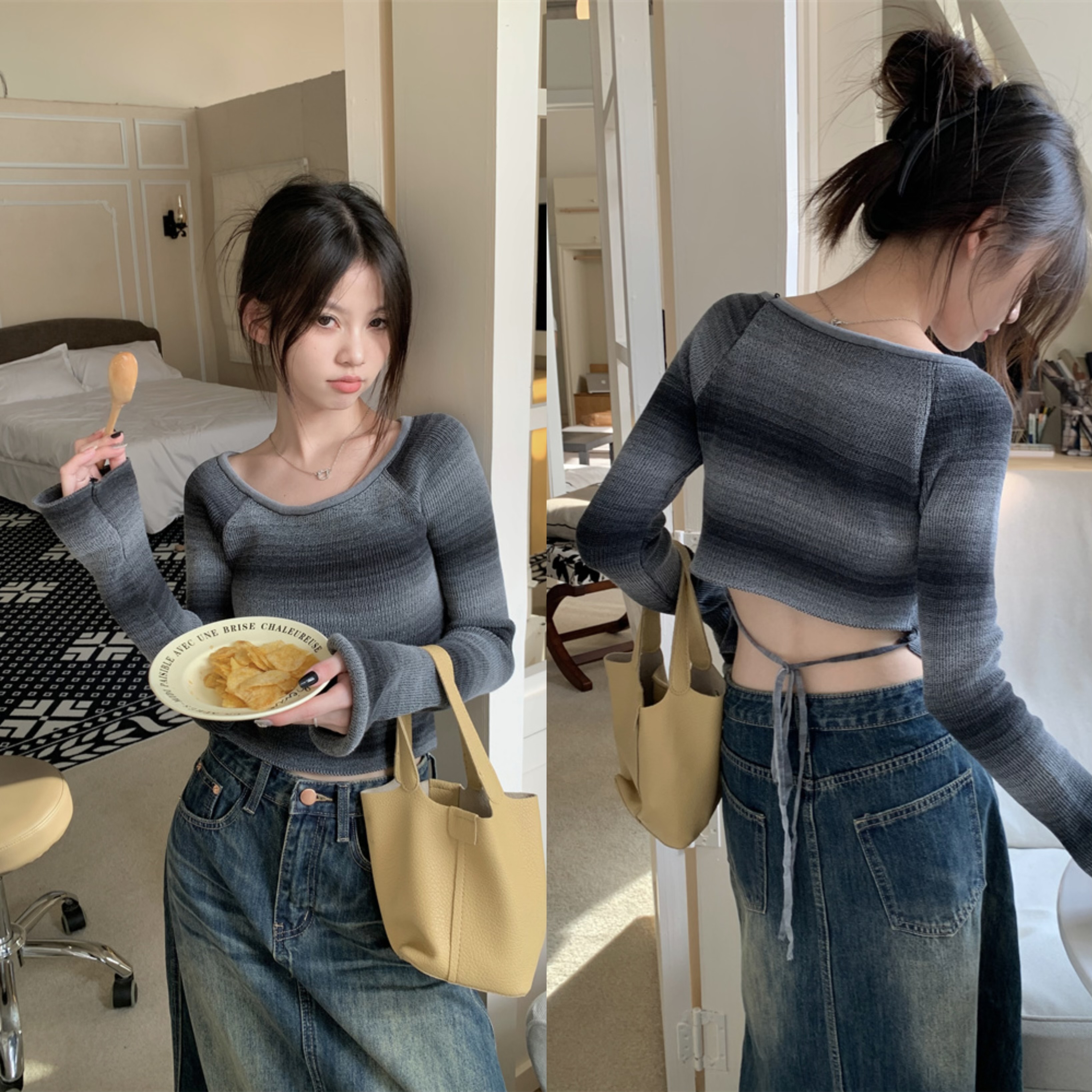 Real shot!  Contrast color striped knitted bottoming shirt for women in autumn and winter, lace-up back, long-sleeved inner sweater