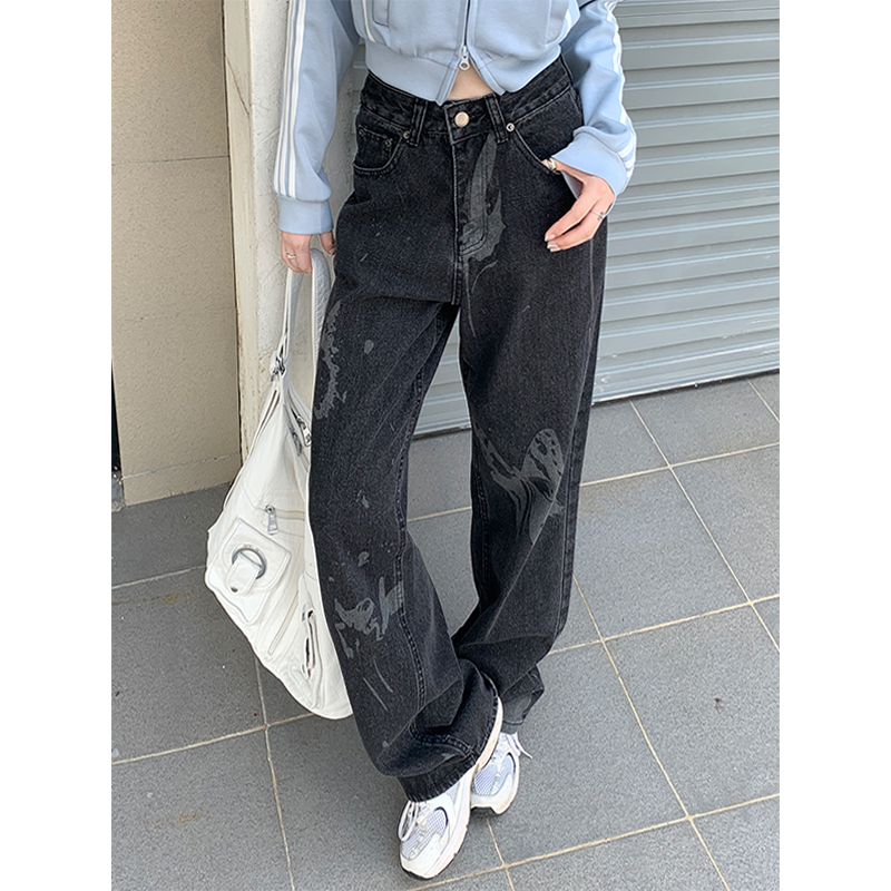 實拍復古ins小眾直筒街頭蝴蝶印花牛仔褲2023秋季寬鬆拖地休閒褲