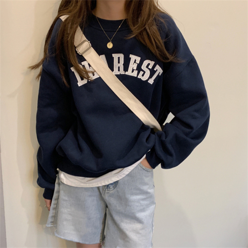 Official Picture Early Autumn Korean Style Embroidered Letters Thin Sweatshirt Women's Loose Round Neck Long Sleeve Top Women