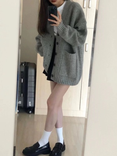 High-end gray lazy style knitted sweater coat cardigan for women  new spring and autumn mid-length top trendy