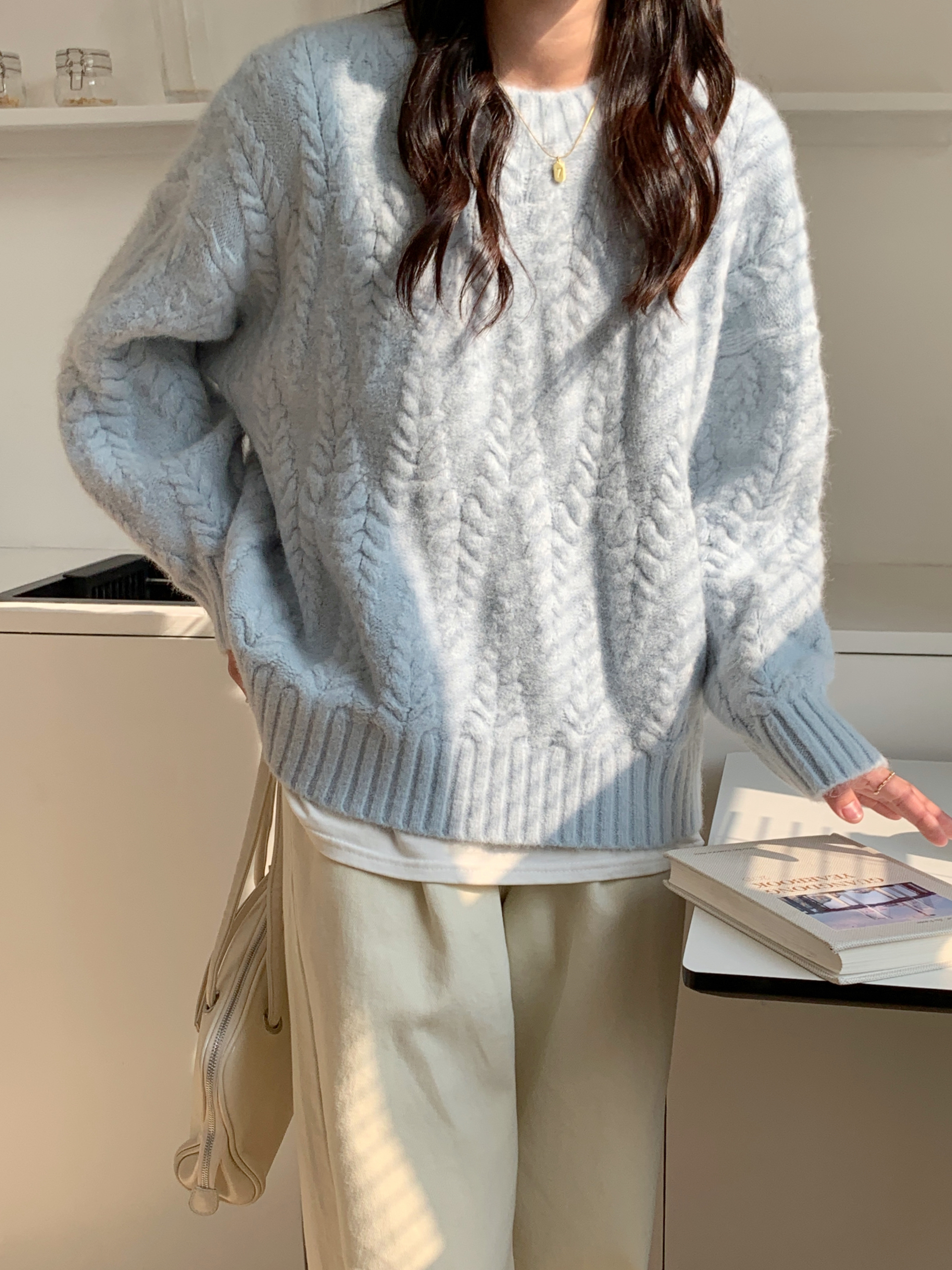 奶藍色麥穗套頭毛衣女2023秋冬新款韓版寬鬆麻花溫柔針織上衣加厚