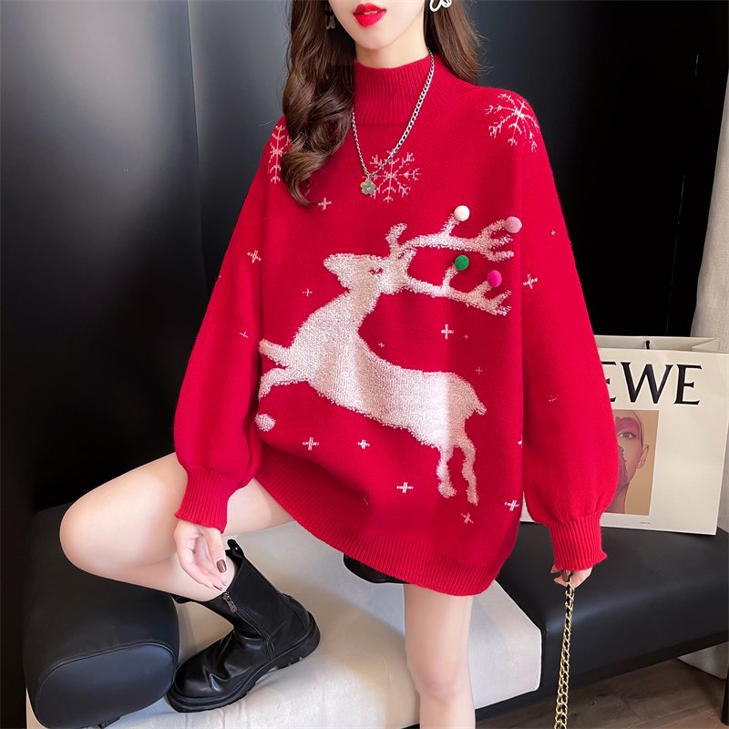 紅色聖誕毛衣女2023新款小鹿秋冬寬鬆外穿慵懶風加厚中長針款織衫