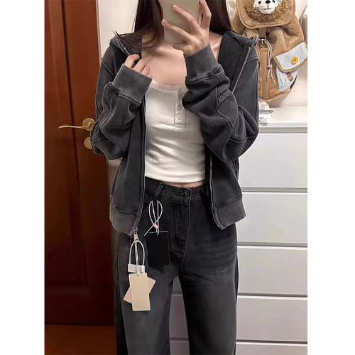 Pure cotton Chinese cotton washed retro washed distressed sweatshirt for women spring and autumn loose hooded jacket for women