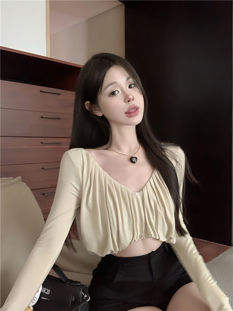 實拍~高級V領碎褶簡約氣質短款長袖露臍上衣