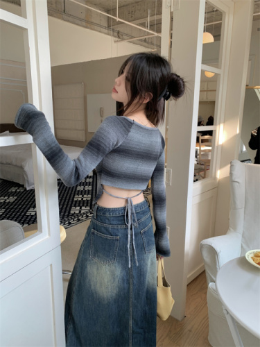 Real shot!  Contrast color striped knitted bottoming shirt for women in autumn and winter, lace-up back, long-sleeved inner sweater