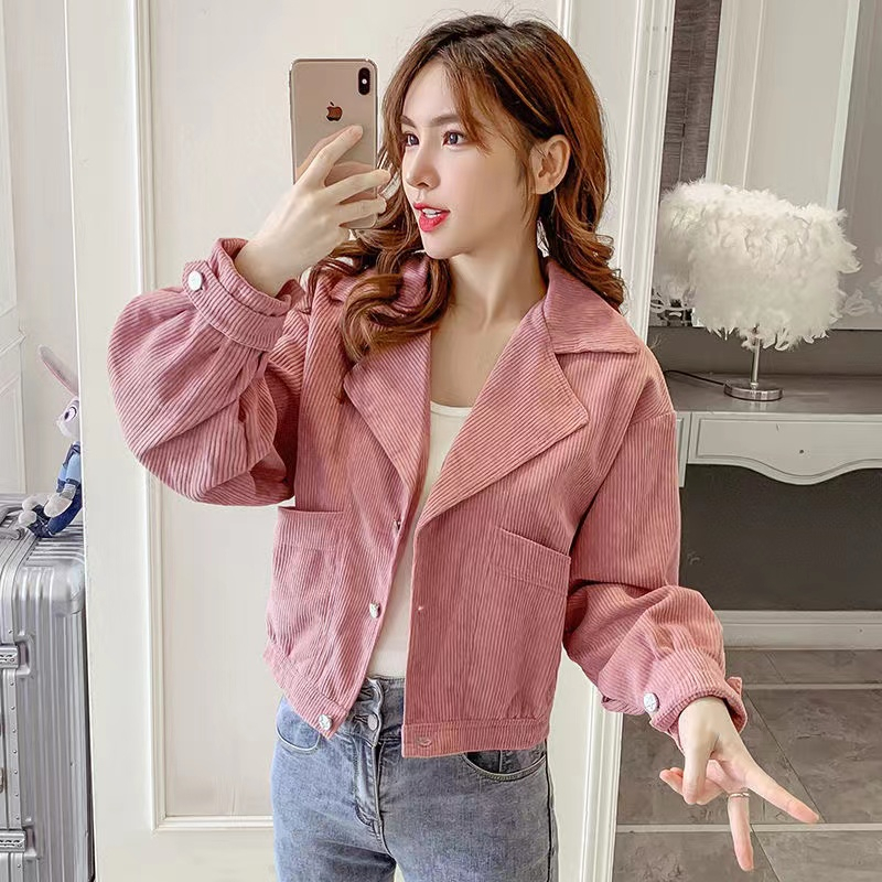 Corduroy short coat for women, spring and autumn suit collar workwear, small, loose, age-reducing, slimming, versatile jacket, top, trendy