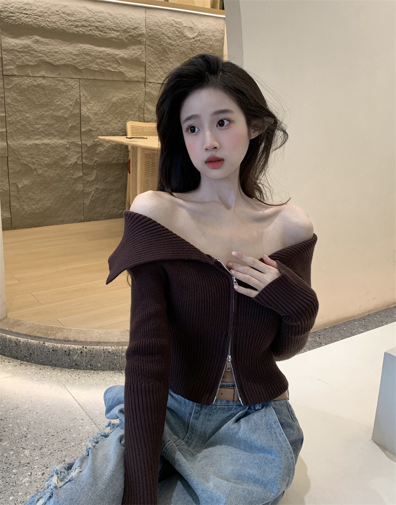 實拍 一字肩上衣設計感長袖針織衫毛衣女辣妹修身顯瘦雙拉鏈毛衣