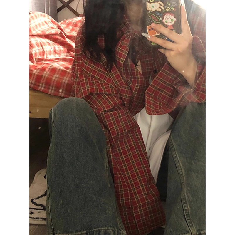 美式復古紅色格子長袖襯衫女春秋寬鬆慵懶風開衫外套女