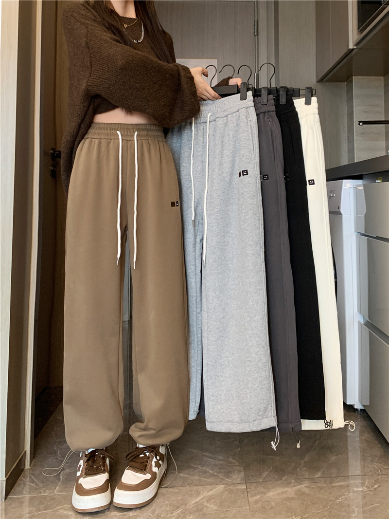 實拍 秋冬加絨笑臉拼貼休閒運動褲女高腰寬鬆百搭顯瘦抽繩褲