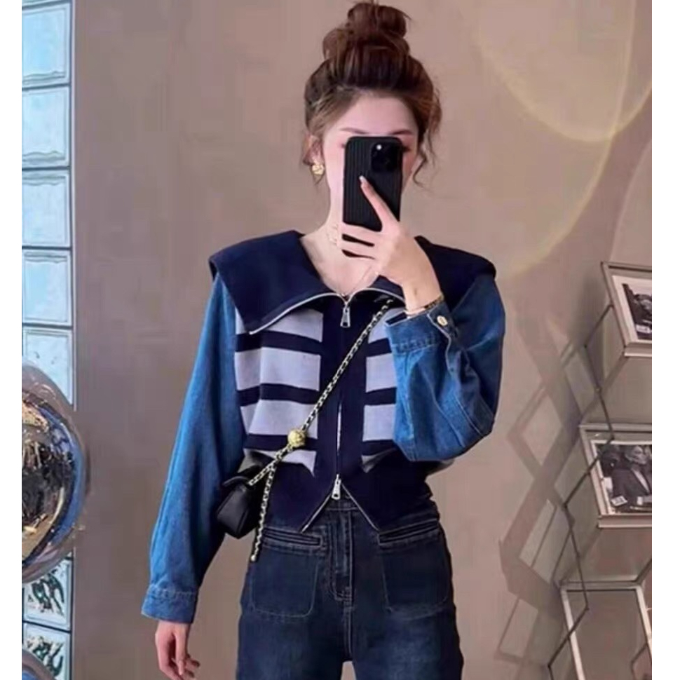 歐貨時尚牛仔拼接海軍領條紋開衫毛衣女2023秋冬新款百搭上衣外套