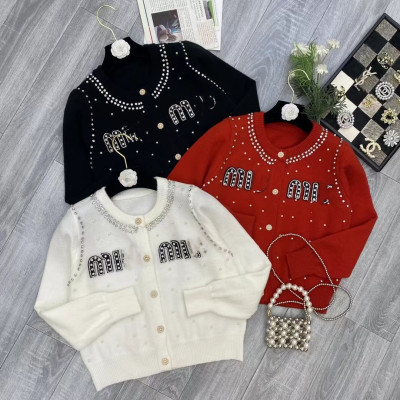 M family round neck letters full of diamonds and pearls knitted cardigan for women autumn new slim short design sweater jacket