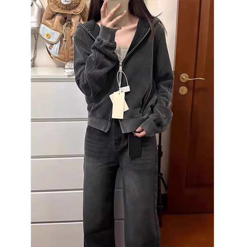 Pure cotton Chinese cotton washed retro washed distressed sweatshirt for women spring and autumn loose hooded jacket for women