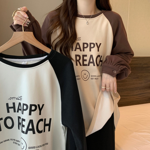 Actual shot of 380 grams Chinese cotton composite sweatshirt for women in autumn and winter plus velvet thick round neck raglan sleeve tops for women plus size