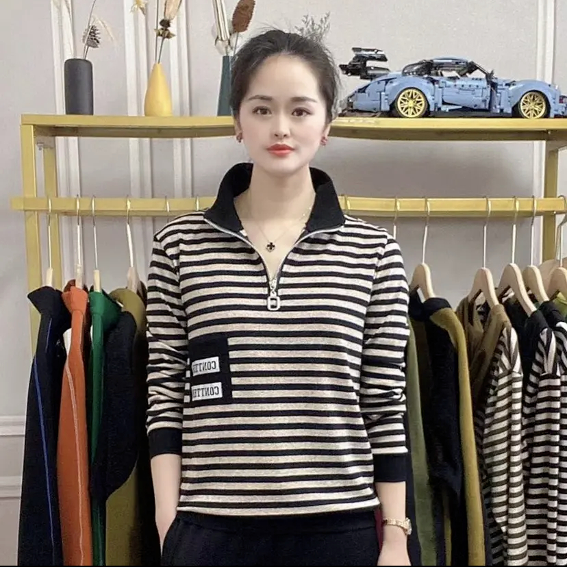 拉鏈長袖上衣翻領t恤女時尚百搭體恤大碼中年媽媽秋裝彈力polo衫