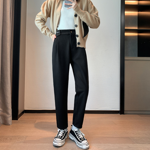 Real shot of woolen pants for women in autumn and winter, high-waisted Korean style harem pants, loose casual suit pants, nine-point carrot straight pants