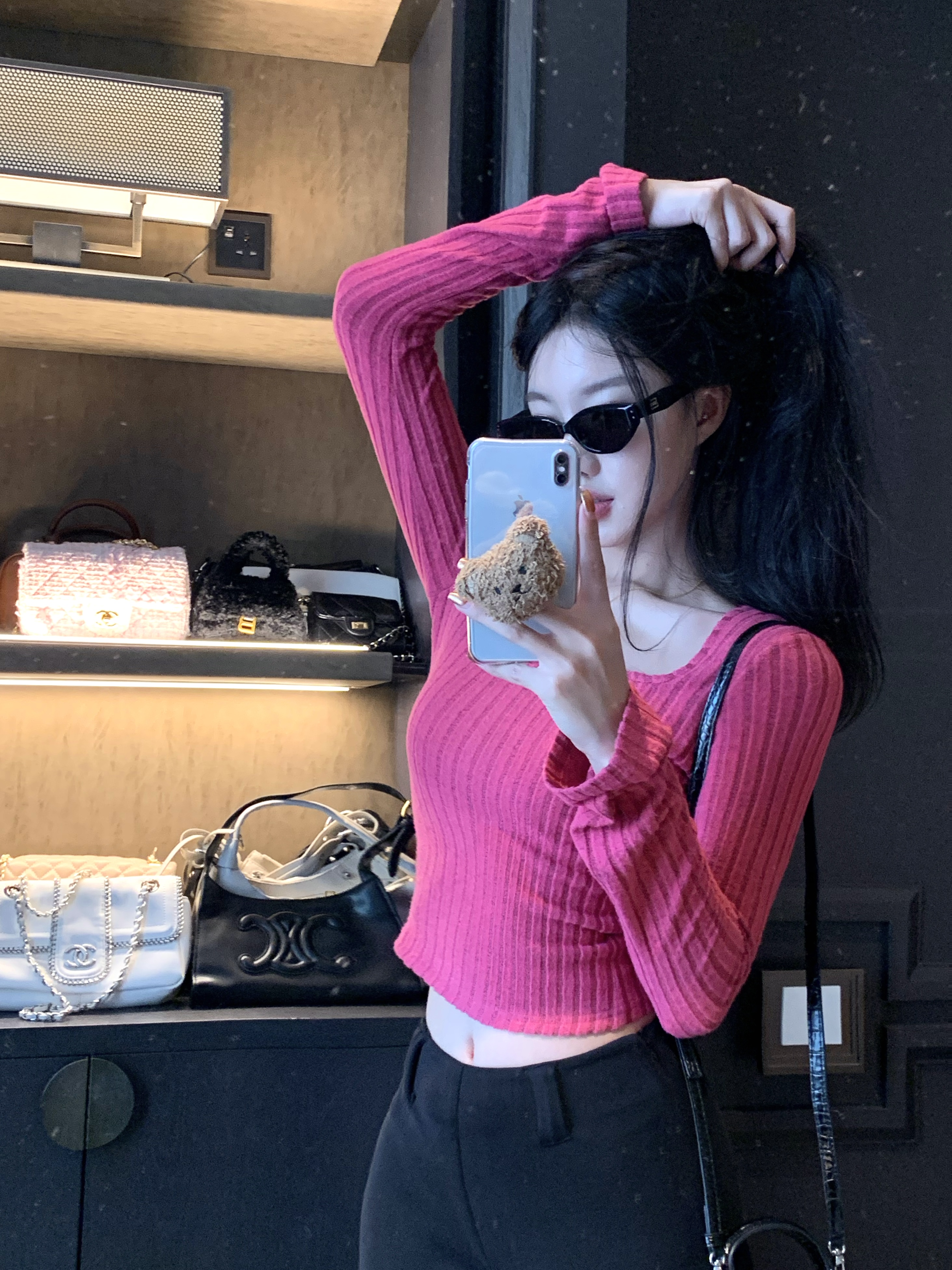 實拍 火龍果色喇叭袖方領打底衫 直筒微喇褲垂感休閒褲