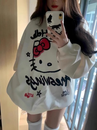 National trend oversize white hooded sweatshirt for women spring and autumn American Hello Kitty chic Hong Kong style retro lazy jacket