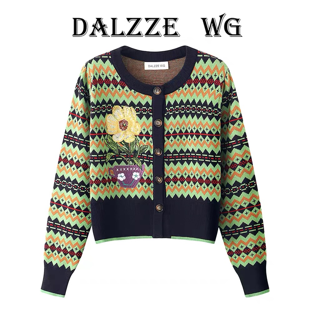DALZZE WG23 autumn and winter new style small fragrance flower embroidery jacquard round neck short knitted cardigan sweater for women