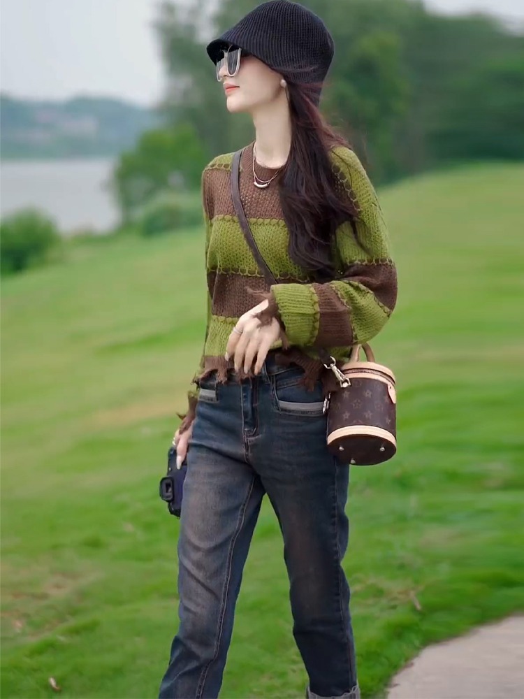 撞色條紋針織衫女秋季2023新款設計感小眾寬鬆時尚百搭減齡上衣