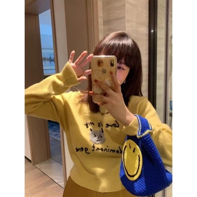 theWangs小貓日記 可愛萌寵立體提花粉色正肩套頭針織衫毛衣女秋