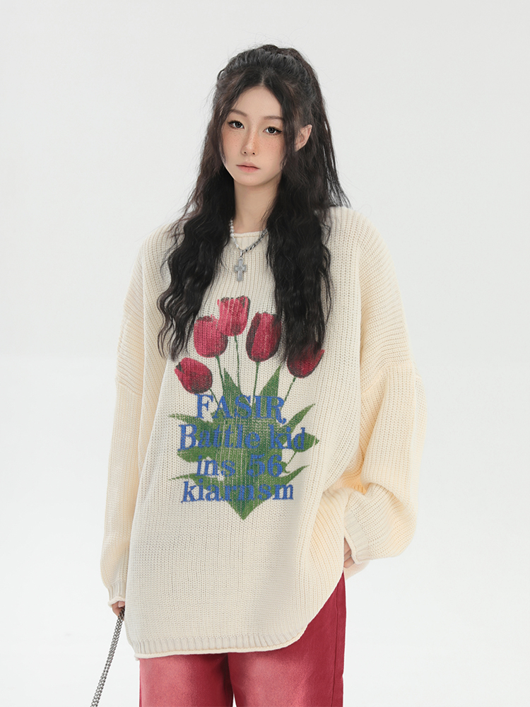 打怪 國潮美式鬱金香毛衣針織衫女秋冬季潮牌寬鬆情侶裝印花上衣