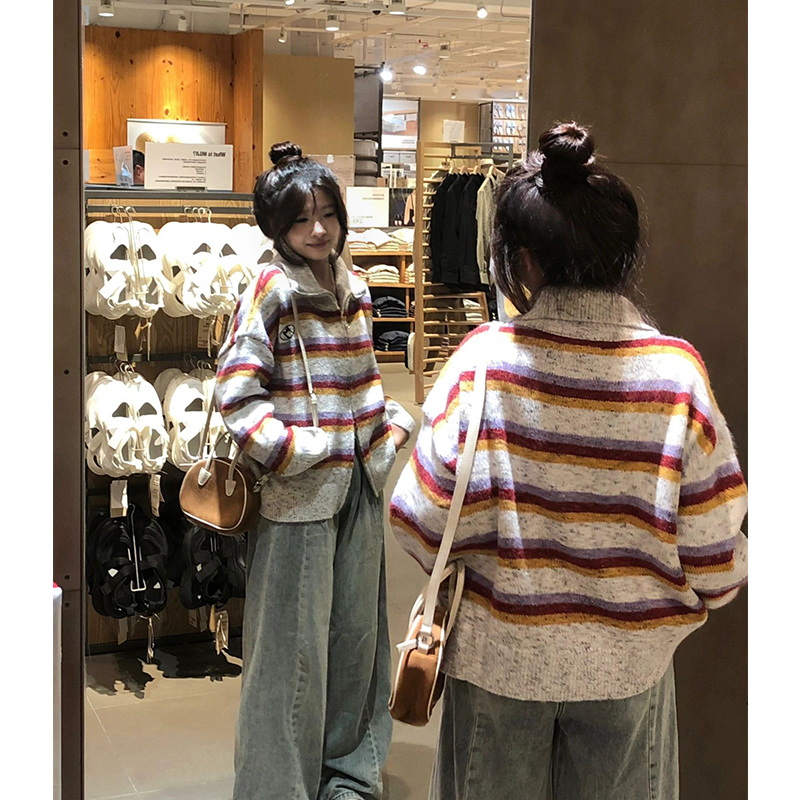 Autumn Mottled Lapel Knitted Cardigan Women's Rainbow Stripe Retro Heavy Double Zipper Embroidered High Fashion Top