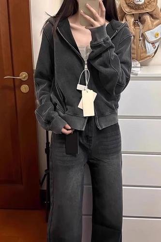 Pure cotton Chinese cotton washed retro washed distressed sweatshirt for women spring and autumn loose hooded jacket for women