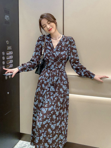 Floral V-neck long-sleeved slit dress women's shirt waist sexy autumn dress new pure desire spring and autumn