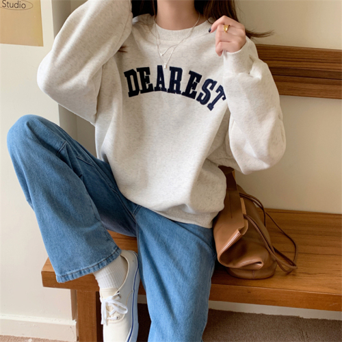 Official Picture Early Autumn Korean Style Embroidered Letters Thin Sweatshirt Women's Loose Round Neck Long Sleeve Top Women