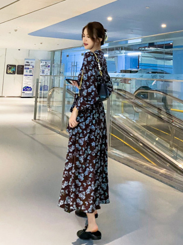 Floral V-neck long-sleeved slit dress women's shirt waist sexy autumn dress new pure desire spring and autumn