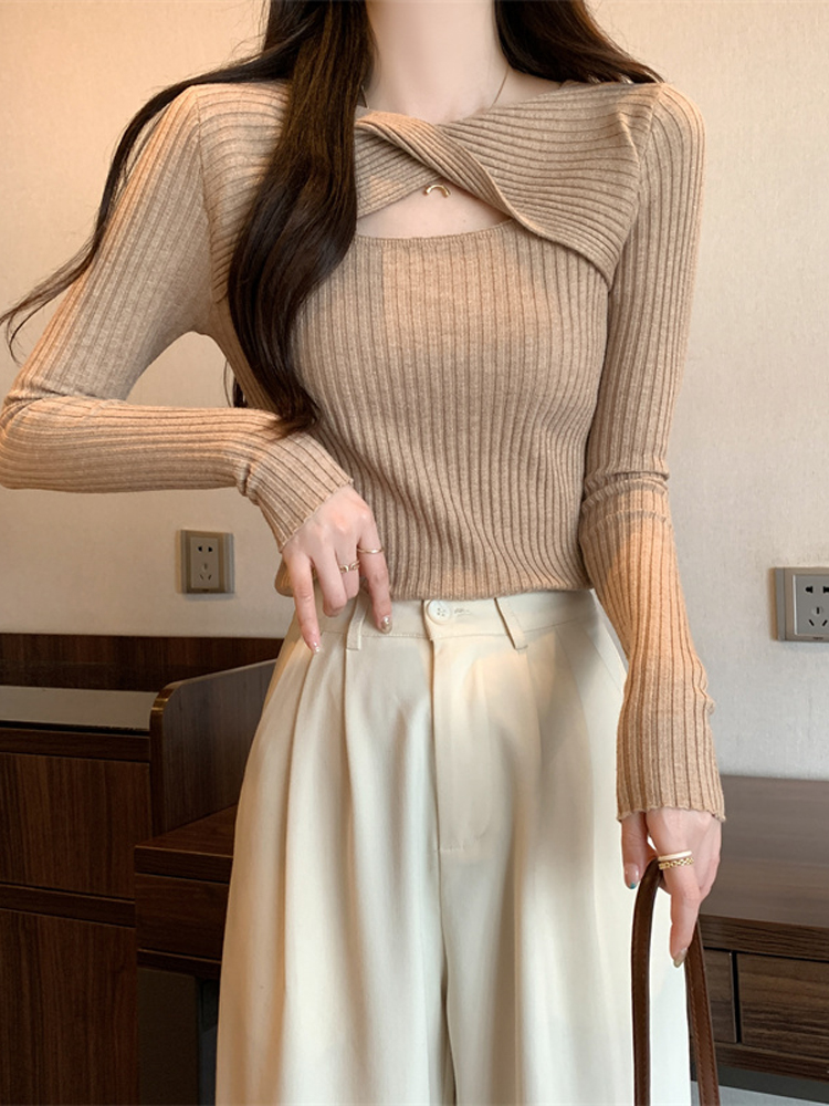 針織打底衫女秋冬2023新款鏤空別致小眾內搭修身顯瘦毛衣長袖上衣
